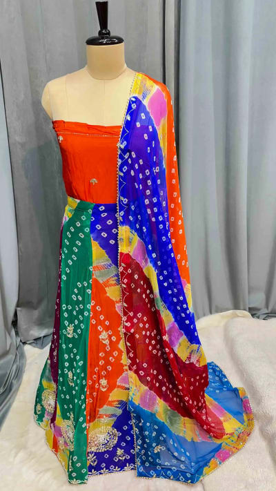 Multi-Color Fancy Bandhej Lehenga Chunni Set in Chiffon Fabric with Handmade Kundan Patti & Moti Work – Festive & Wedding Collection