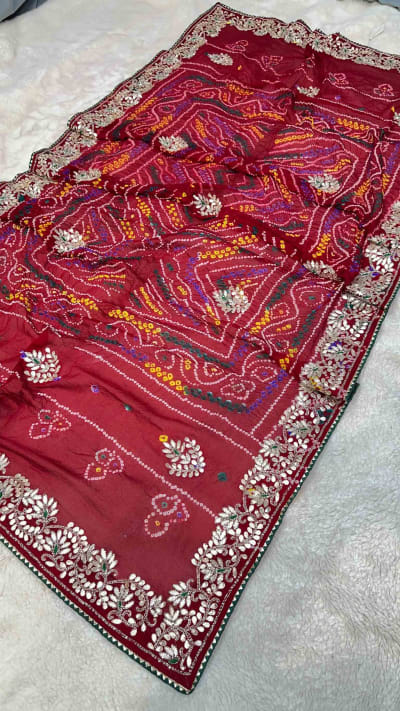 Chundri Bandhej Dupatta in Pure Ojariya Crepe Fabric with Handmade Zardozi Kundan Moti Patti Work – Designer Ethnic Wear