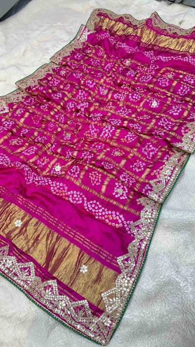 Pure Modal Gaji Silk Fabric Bandhej Dupatta with Lakdi Patta Handwork & Zero Gotta Patti Work – Designer Ethnic Wear Stole