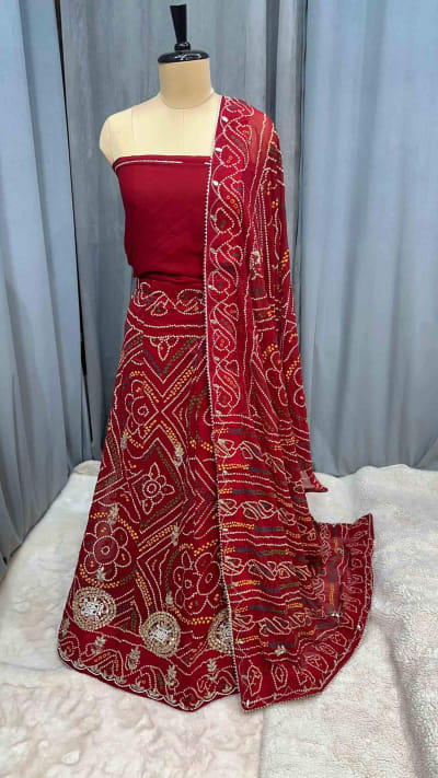 Fancy Bandhej Lehenga Chunni Set in Fine Georgette Fabric with Kundan Moti Patti Work – Elegant Ethnic Bridal & Festive Wear