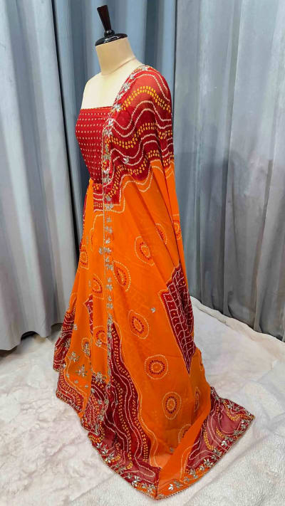 Fancy Bandhej Lehenga Chunni Set in Fine Georgette Fabric with Kundan Moti Patti Work – Stylish Ethnic Wear for Weddings & Festive Occasions