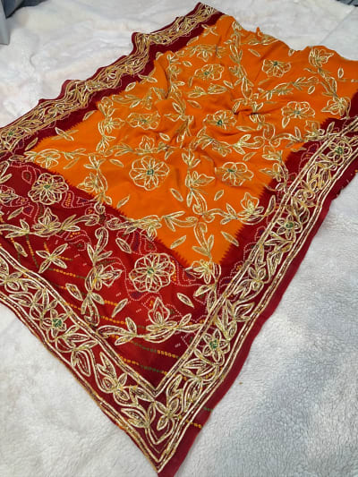 Jaipuri Bandhej Piliya Saree with Gotta Patti Sequence Work and Fine Georget Fabric