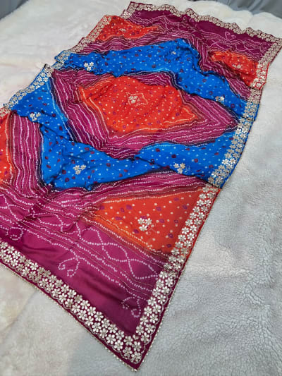 Hand Bandhej Multi Shade Dupatta with Zardozi Diamond Kundan Patti Work in Pure Ojariya Crepe Fabric