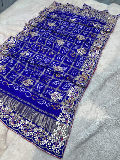 Pure Gaji Silk Hand Bandhej Dupatta with Lakdi Patta Zardozi Kundan Moti Patti Work