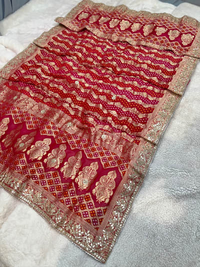 Khadi Zari Bandhej Dupatta in Pure Viscose Georgette with Handmade Zardozi Moti & Zero Gotta Patti Work