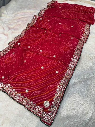 Hand Bandhej Saree in Pure Ojariya Crepe Fabric with Zardozi Moti Gotta Patti Work