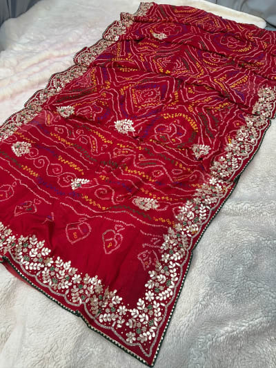 Hand Bandhej Chundri Dupatta with Zardozi Kundan Moti Patti Work in Ojariya Crepe Fabric