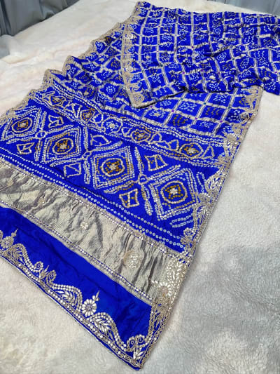 Pure Modal Gaji Silk Bandhej Saree with Hand Bandhej, Zero Gotta Patti, Zardozi & Moti Work
