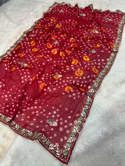 Hand Bandhej Chundri Dupatta in Viscos Georgette Fabric with Kundan Patti Resham Moti Work