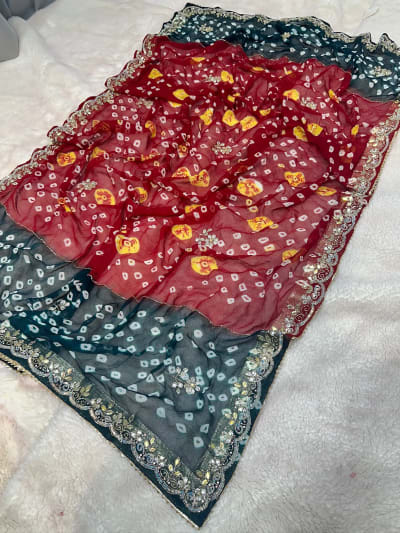 Hand Bandhej Chundri Dupatta in Viscos Georgette with Tie Dye Colour, Kundan Patti & Resham Moti Work