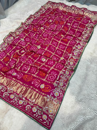 Gaji Silk Hand Bandhej Dupatta with Lakdi Patta Zardozi Kundan Moti Patti Work