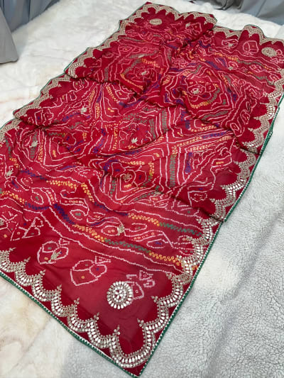 Hand Bandhej Chundri Dupatta with Zardozi Kundan Patti Work in Ojariya Crepe Fabric