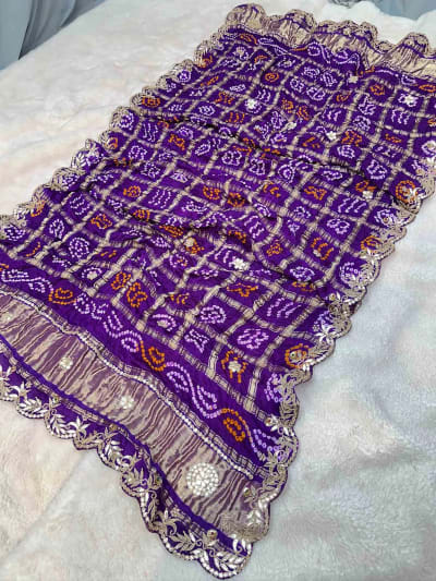 Pure Gaji Silk Hand Bandhej Dupatta with Lakdi Patta, Zardozi, Moti & Zero Gotta Patti Work
