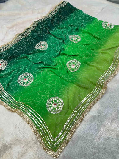 Bandhej Saree in Semi Chiffon Fabric with Handmade Kacha Gotta Work & Frill Border
