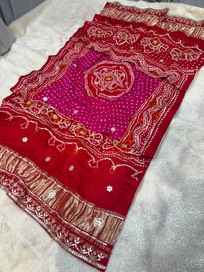 Pure Gaji Silk Hand Bandhej Dupatta with Two Shade Colour and Zero Gotta Patti Moti Work