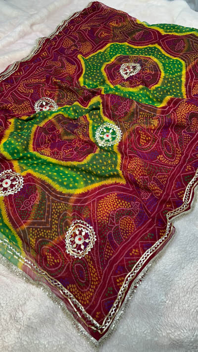 Chundri Saree in Chiffon Fabric with Handmade Kaccha Gotta Work and Fancy Border