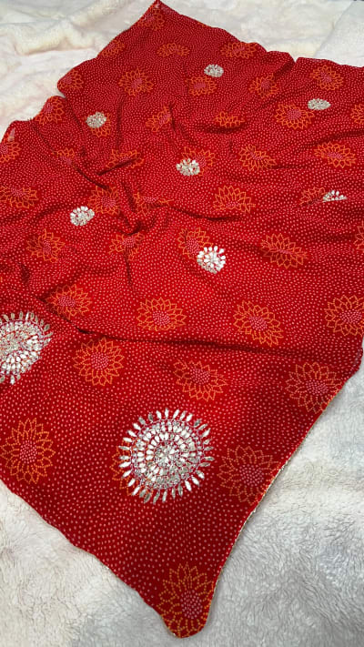 Chundri Saree in Georgette Fabric with Handmade Kundan Patti Moti Butta Work and Fancy Border