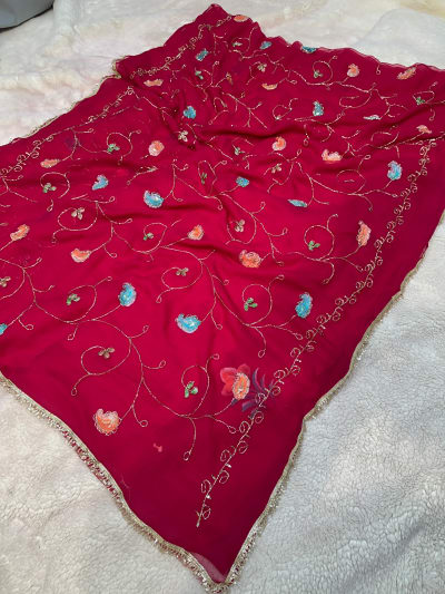 Georgette Digital Print Saree with Pitton Zari Work and Fancy Lace Border