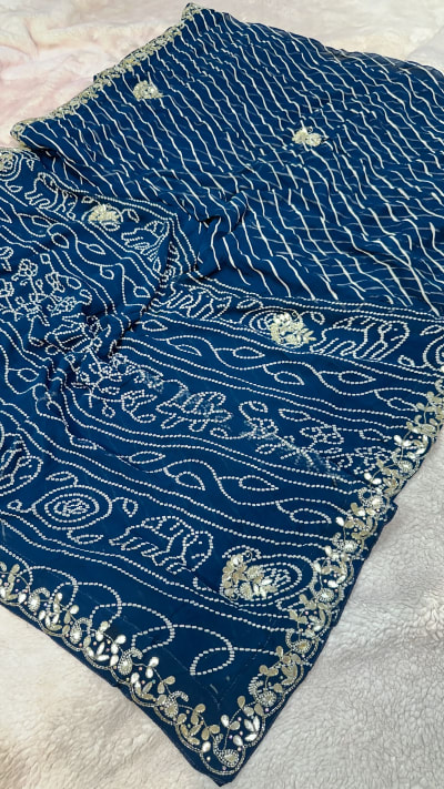 Bandhej Lehriya Saree in Pure Viscose Georgette with Handmade Kundan Patti Moti Work