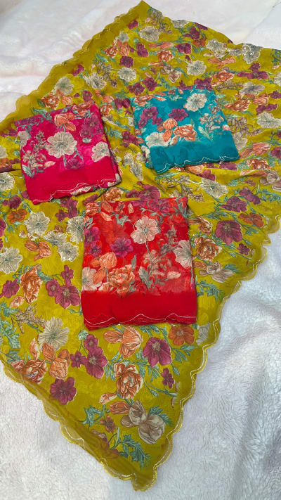 Digital Floral Print Georgette Saree with Resham Pitta Mirror Work for Women