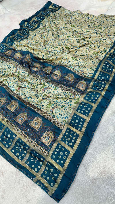 Heritage Ghatchola Design Saree with Weaving Zari Bandhej Border & Mirror Thread Work