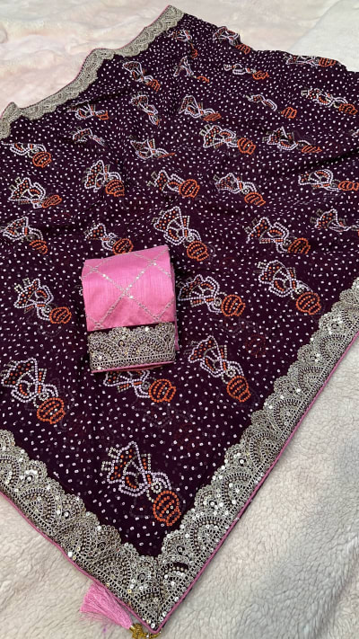 Bandhej Saree in Georgette Fabric with Pitton Zari Embroidery and Sequence Border Work