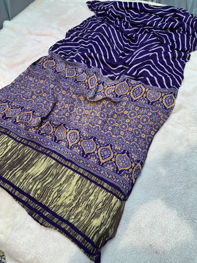 Lehariya Modal Silk Saree with Gaji Patta Border and Ajrak Print for Women