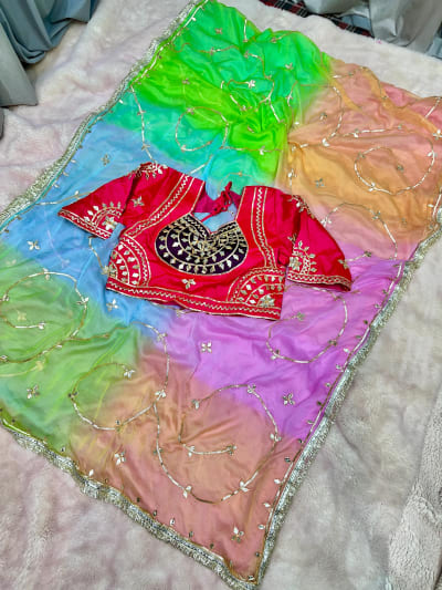 Pure Chiffon Saree with Double Shade 4D Colour, Kaccha Gotta Handwork & Aangi Blouse