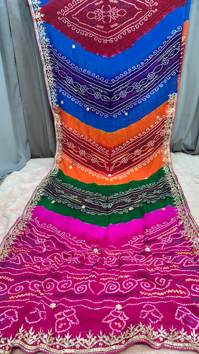 Pure Ojariya Crepe Saree in Multicolour with Rai Hand Bandhej & Gota Patti Work