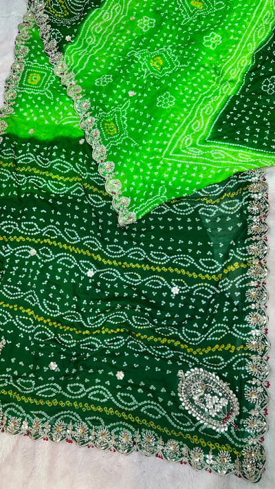 Pure Ojariya Crepe Rai Bandhej Saree with Zero Gota Patti, Moti & Latkan Handwork