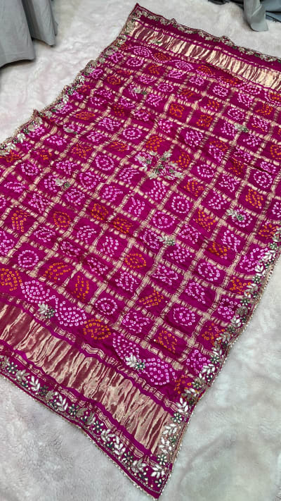 Pure Gaji Silk Dupatta with Kardana Patti & Kundan Patti Handwork