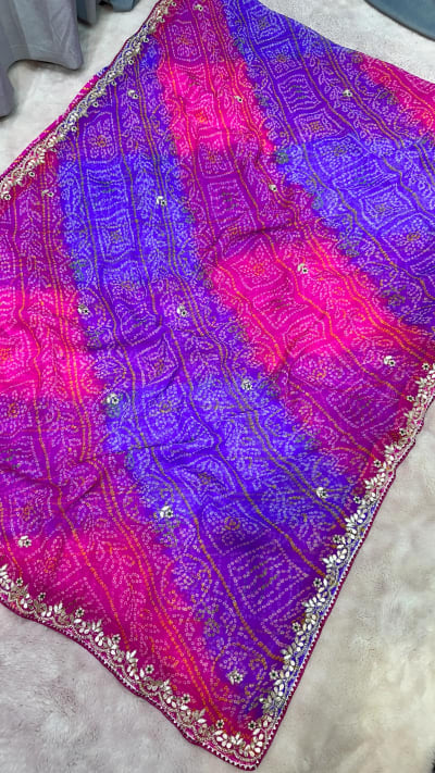 Georgette Bandhej Saree with Kardana Patti and Moti Handwork