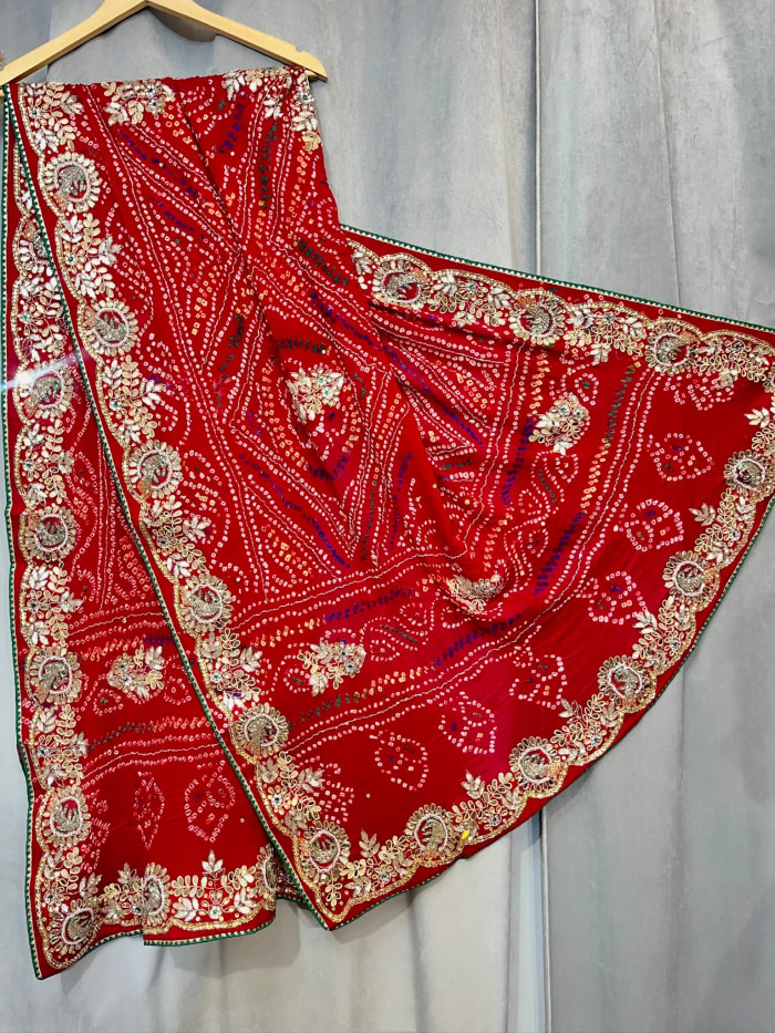 Handmade Bandhej Dupatta in Paver Ojariya Crepe Fabric with Kundan Zardozi & Gotta Patti Work