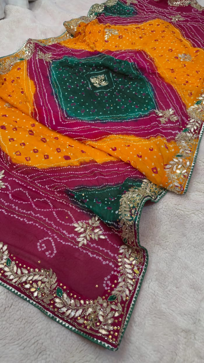 Multicolour Pure Ojariya Fabric Bandhej Dupatta with Handcrafted Kardana Embellishment