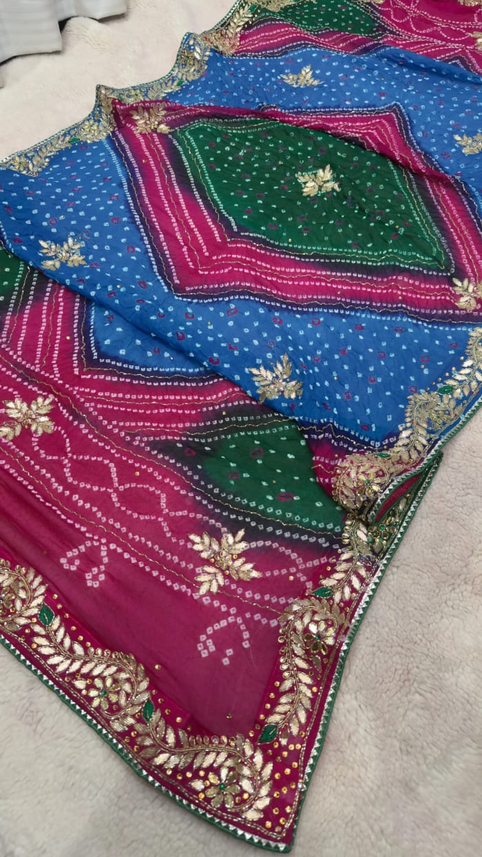 Vibrant Multicolour Pure Ojariya Fabric Bandhej Dupatta with Fine Kardana Handwork