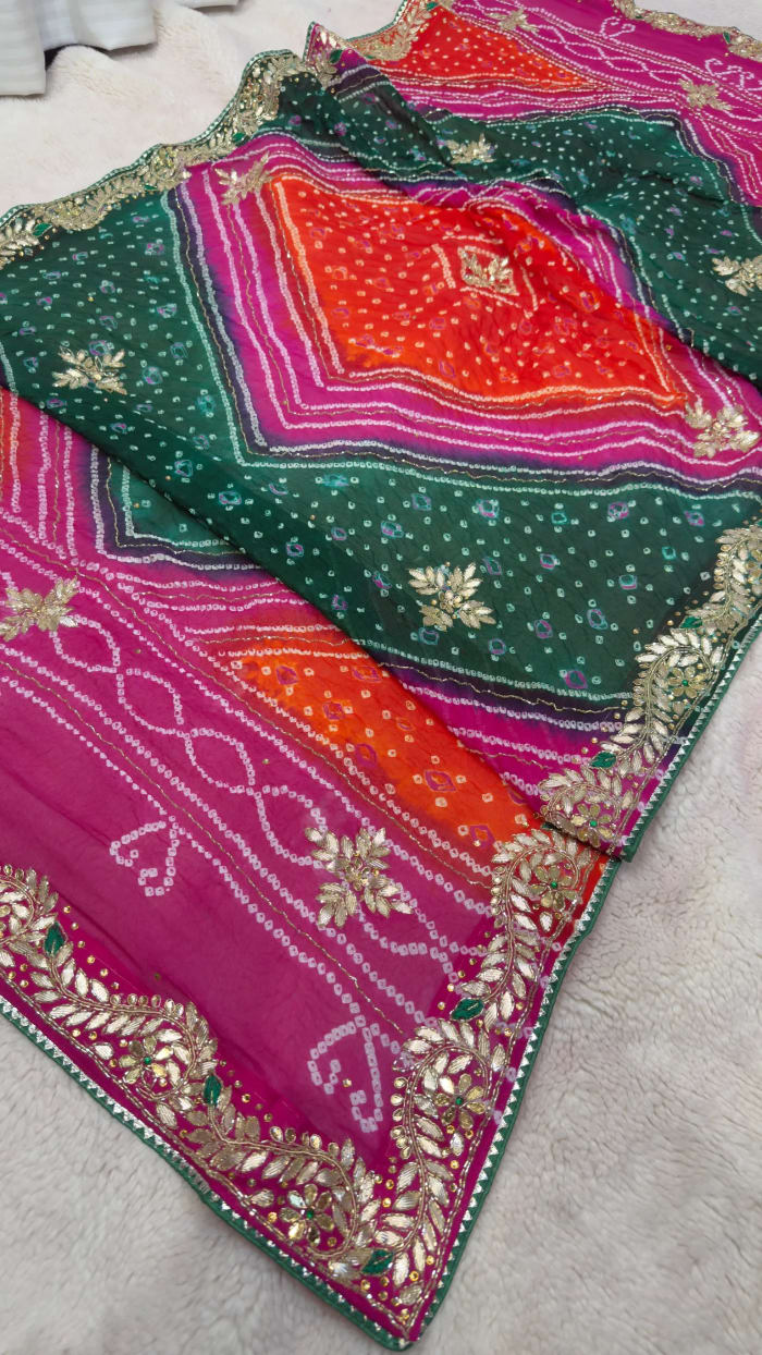 Colourful Pure Ojariya Fabric Bandhej Dupatta with Hand-Embellished Kardana Work