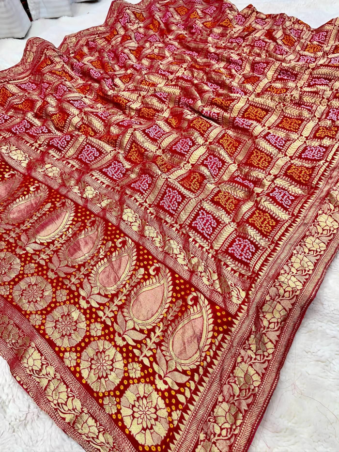 Authentic Ghatchola Bandhej Saree in Pure Russian Dola Silk Fabric with Banarasi Zari Weaving