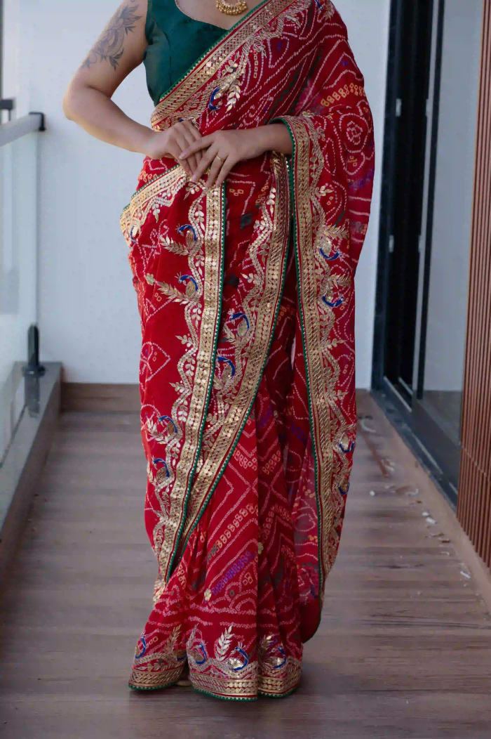 Handcrafted Chundri Bandhej Saree in Pure Ojariya Crepe Fabric with Gotta Patti Work
