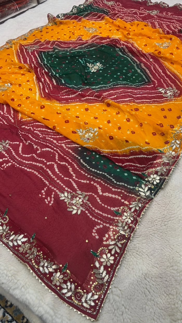 Vibrant Multicolour Pure Ojariya Fabric Bandhej Dupatta with Handcrafted Kardana Patti Work