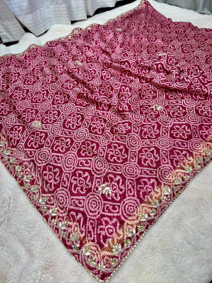 Designer Bandhej Saree in Chinon Moss Crepe with All-Over Kundan Patti Moti Handwork