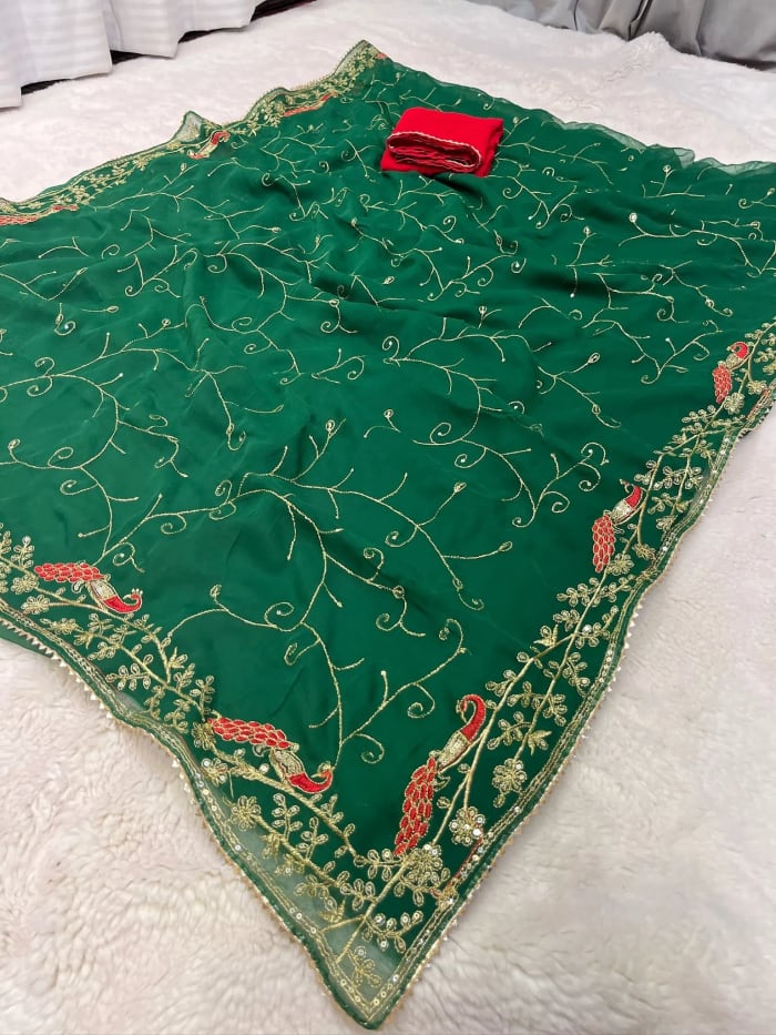 Rajputi Style Chiffon Saree with Resham Zari Thread Embroidery & Biza Border