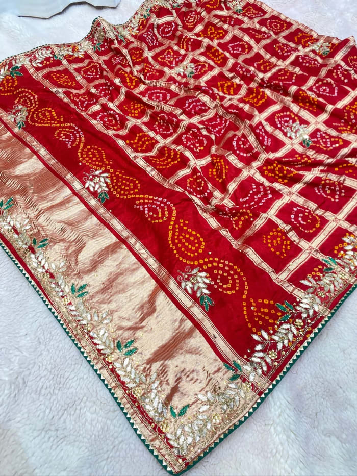Modal Silk Fabric Dupatta with Handcrafted Lakdi Patta Design and Kundan Patti Moti Work