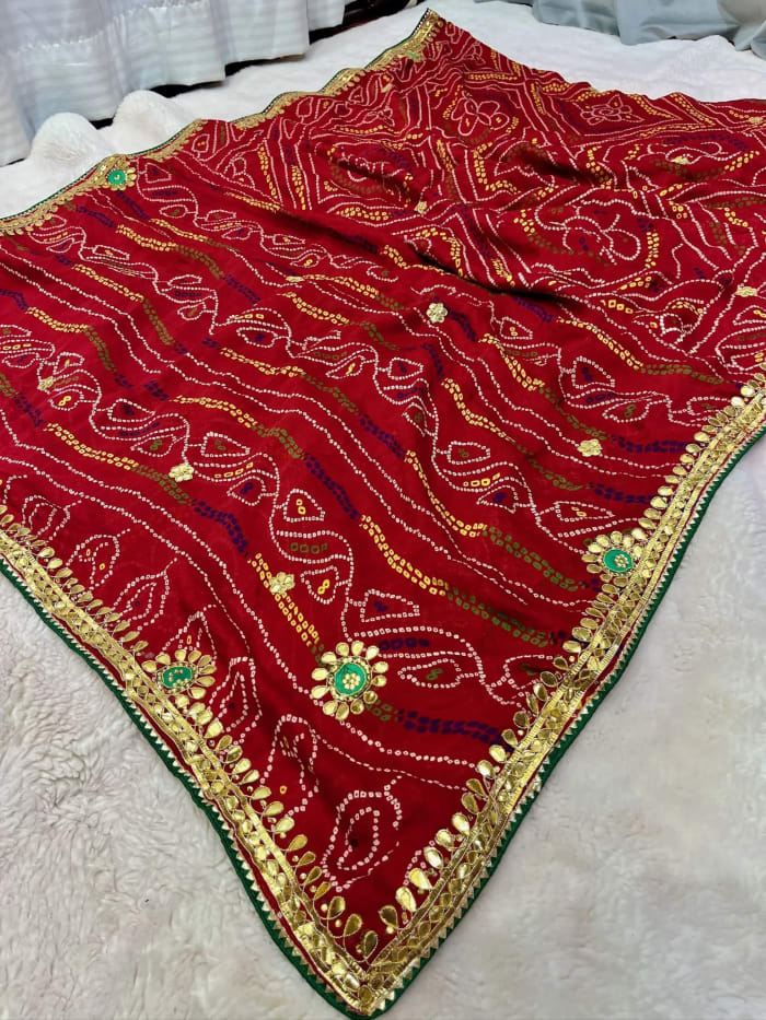 Traditional Bandhej Chunari Saree in Moss Crepe Fabric with Handcrafted Gotta Patti Art