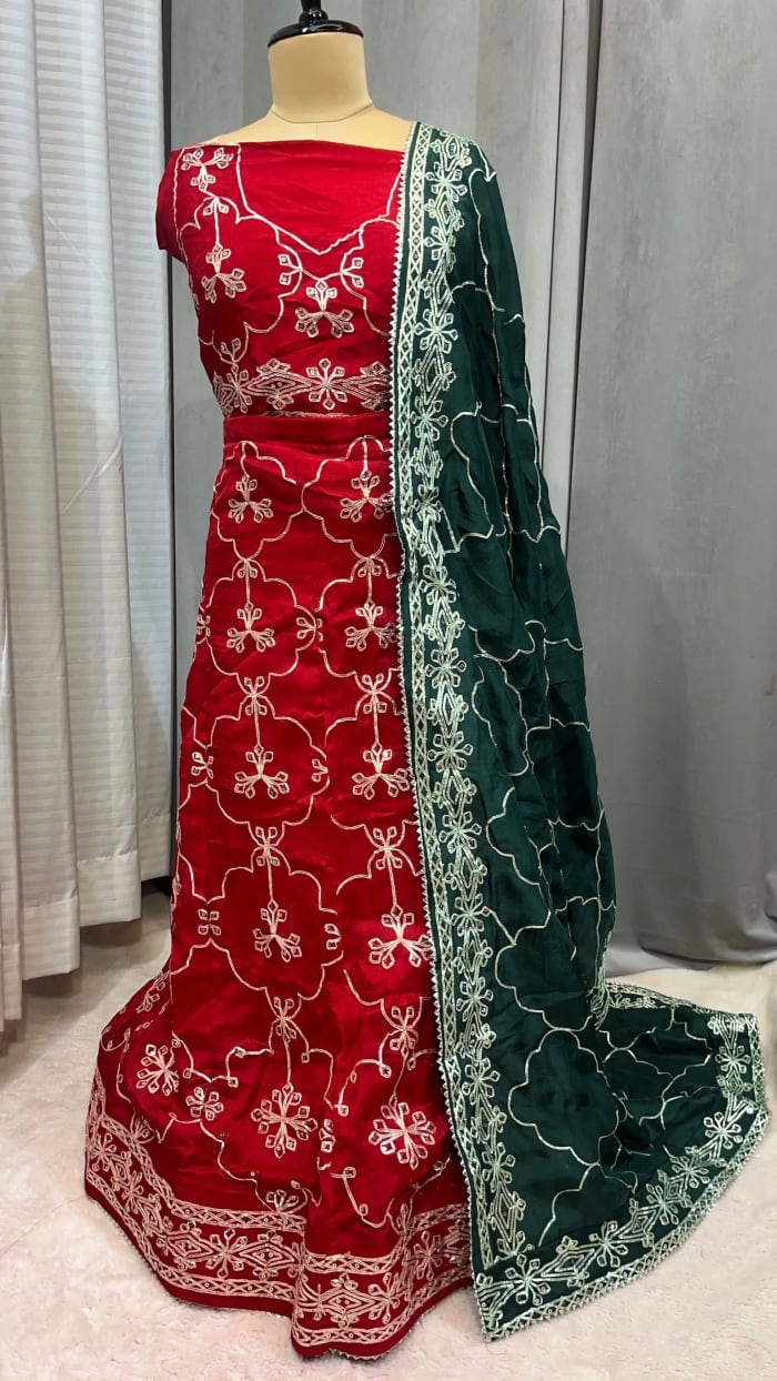 Lehenga Dupatta in Premium Dola Silk Fabric with Traditional Kaccha Gota Handwork