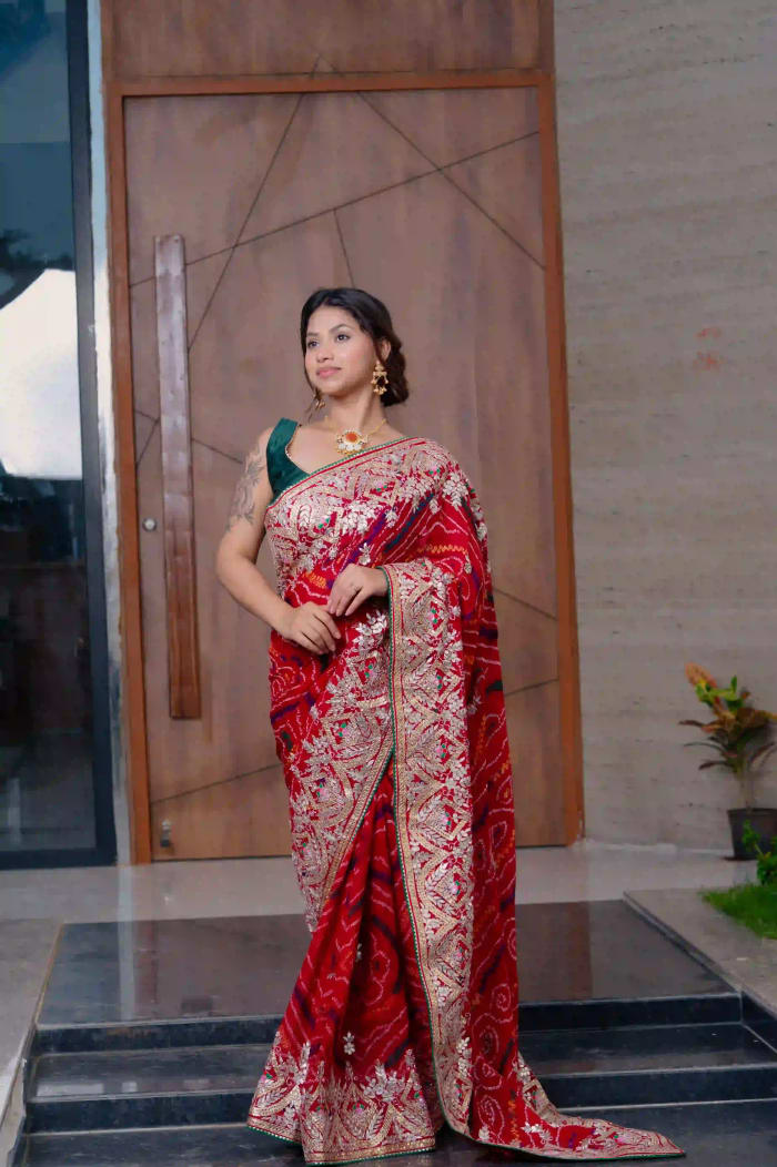 Chundri Hand Bandhej Saree in Pure Ojariya Crepe Fabric with Traditional Gotta Patti Work