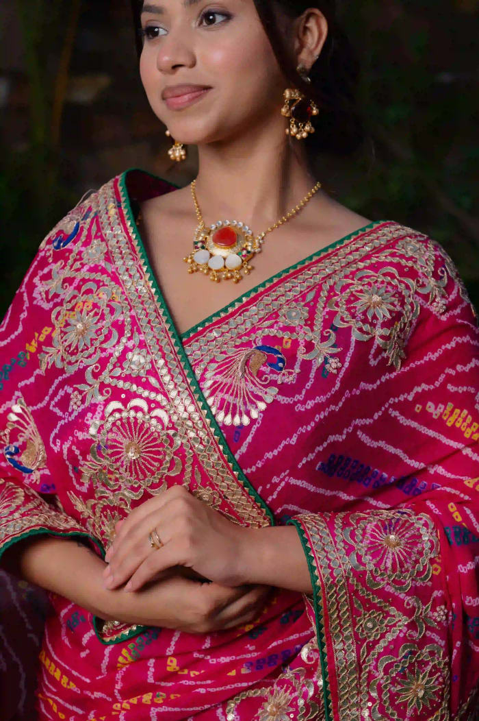 Handcrafted Bandhej Saree in Pure Ojariya Crepe Fabric with Gotta Patti & Kundan Work
