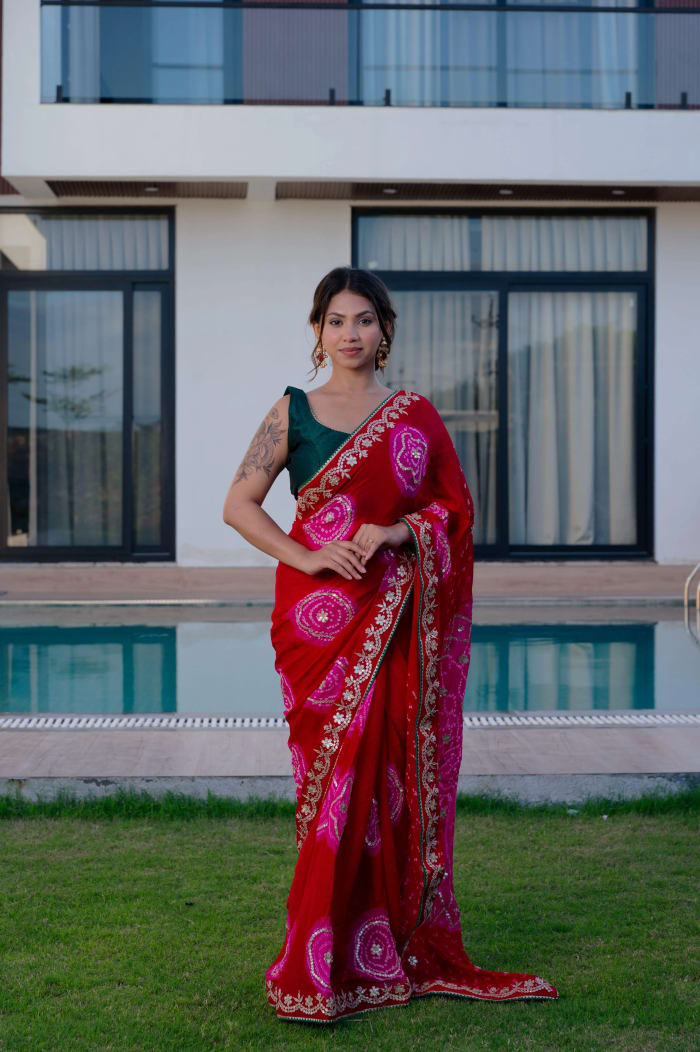 Pure Ojariya Fabric Saree with Kundan Gota Patti Border