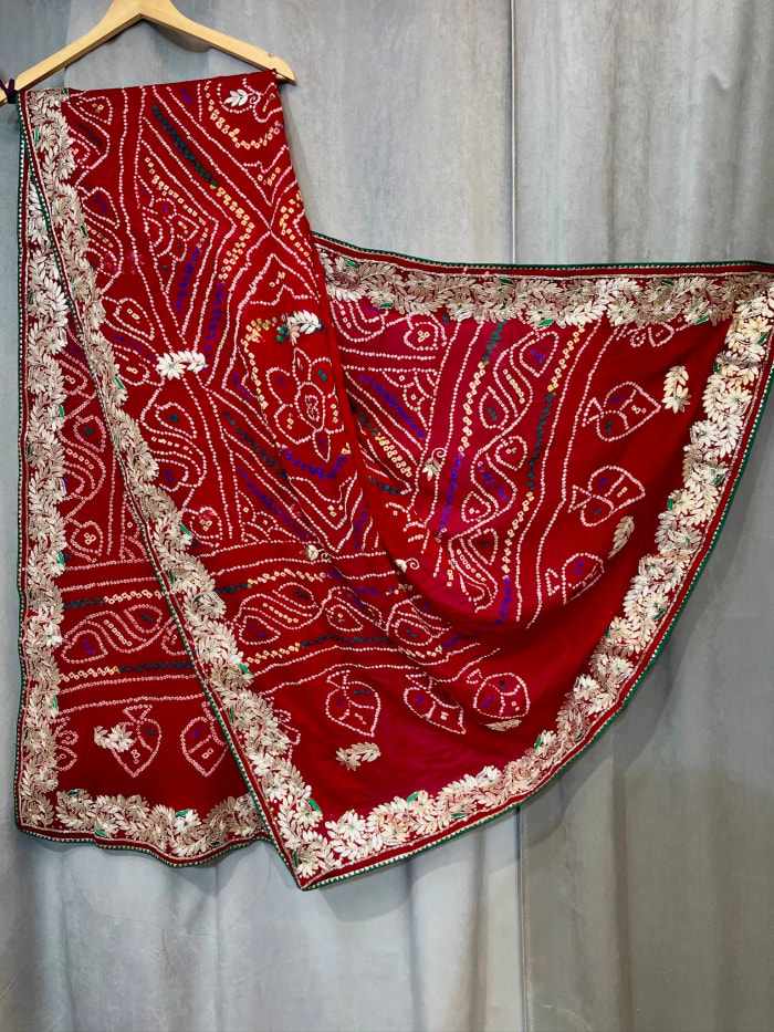 Elegant Bandhej Dupatta Paver Ojariya Fabric – Handmade Kundan Zardozi on Crêpe Fabric