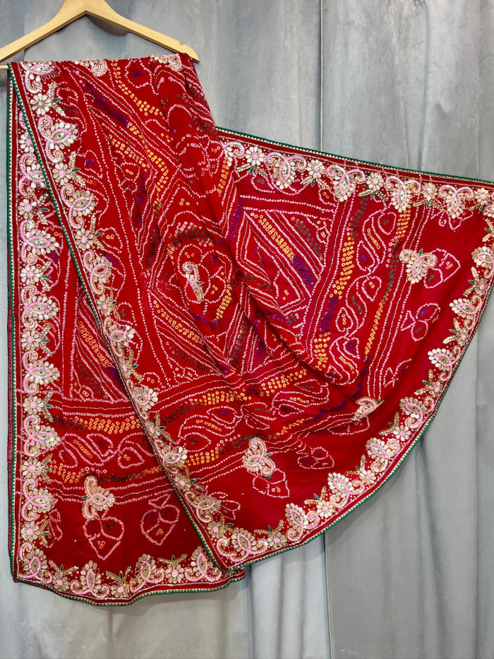 Handmade Bandhej Dupatta – Paver Ojariya Crepe  Fabric with Zardozi & Kundan Detailing