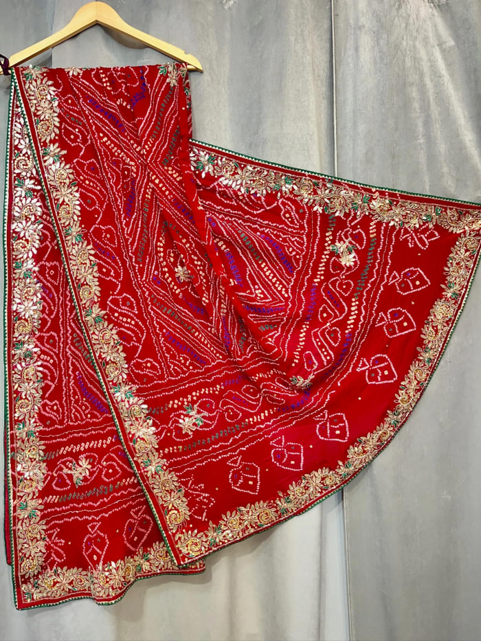 Designer Bandhej Dupatta Paver Ojariya Crepe Fabric with Gotta Patti & Kundan